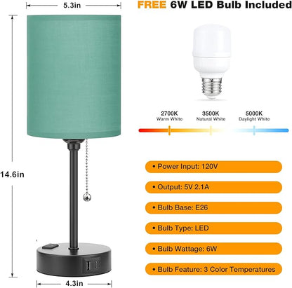 Dicoool Green Table Lamps 3 Color Temperatures - 2700K 3500K 5000K Bedside Lamp with USB C and A Ports, Pull Chain Lamp for Bedroom with AC Outlet, Nightstand Lamp with Black Metal Base for Kids Boys - LeafyLoom