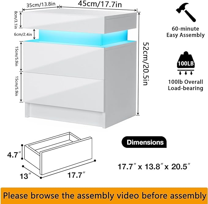 HOMMPA LED Nightstand White Nightstand with Led Lights Modern Night Stand with 2 High Gloss Drawers Led Bedside Table Smart Nightstand for Bedroom 20.5” Tall - LeafyLoom