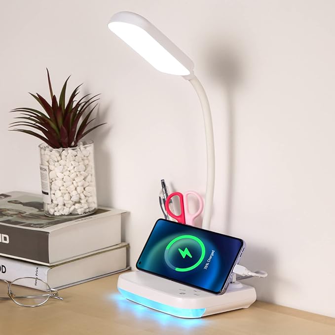 LED Rechargeable Desk Lamp, 5-in-1 Small Desk Lamp with USB Charging Port, Pen Holder, Night Light, Portable Desk Light for Home Office Student Children Kids College Dorm (White) - LeafyLoom