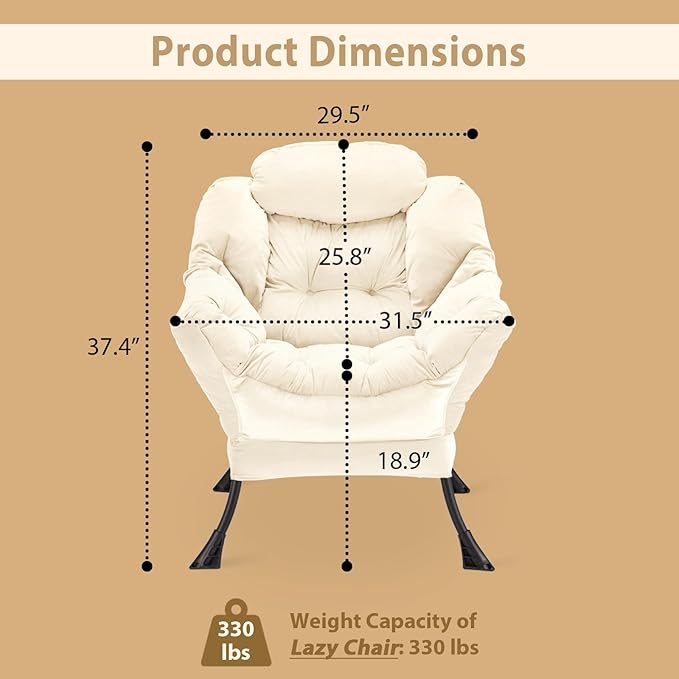 Lazy Chair Thick Padded, Accent Chair Velvet Upholstered with Wide Seat, Stable Metal Frame and Non-Slip Pad, Modern Sofa Armchair with Side Storage Bag for Dorm, Room, Office, Beige - LeafyLoom