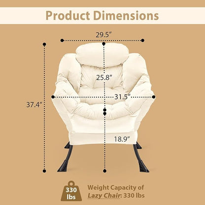 Lazy Chair Thick Padded, Accent Chair Velvet Upholstered with Wide Seat, Stable Metal Frame and Non-Slip Pad, Modern Sofa Armchair with Side Storage Bag for Dorm, Room, Office, Beige - LeafyLoom