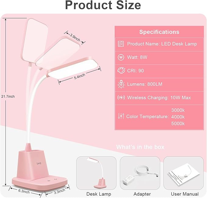 Sailstar Cute Desk Lamp, Pink Small Desk Lamp with Pen Holder, Wireless Charger LED Desk Lamps for Home Office, Kids Desk Lamp 800LM Gooseneck 3 Modes Dimmable Touch, Study Lamp for College Dorm Room - LeafyLoom