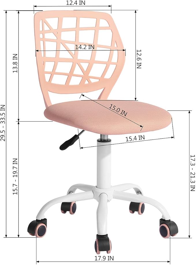 FurnitureR Desk Chair Armless Home Office Task Chair with Mesh Padded Cushion Swivel Study Chair with Rolling Wheels for Teens Child Kids Girls，Pink Plica - LeafyLoom