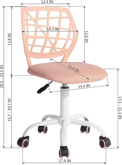 FurnitureR Desk Chair Armless Home Office Task Chair with Mesh Padded Cushion Swivel Study Chair with Rolling Wheels for Teens Child Kids Girls，Pink Plica - LeafyLoom