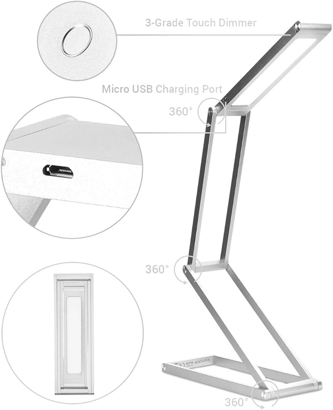 kwmobile Foldable LED Desk Lamp - Folding Portable USB Table Light with 3 Brightness Settings - for Home, Reading, Studying, Work, Travel - Silver - LeafyLoom