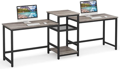 Tribesigns Extra Long Two Person Desk with Storage Shelves, 96.9 inch Double Computer Desks with Printer Shelf for 2 People, Rustic Writing Desk Workstation for Home Office - LeafyLoom