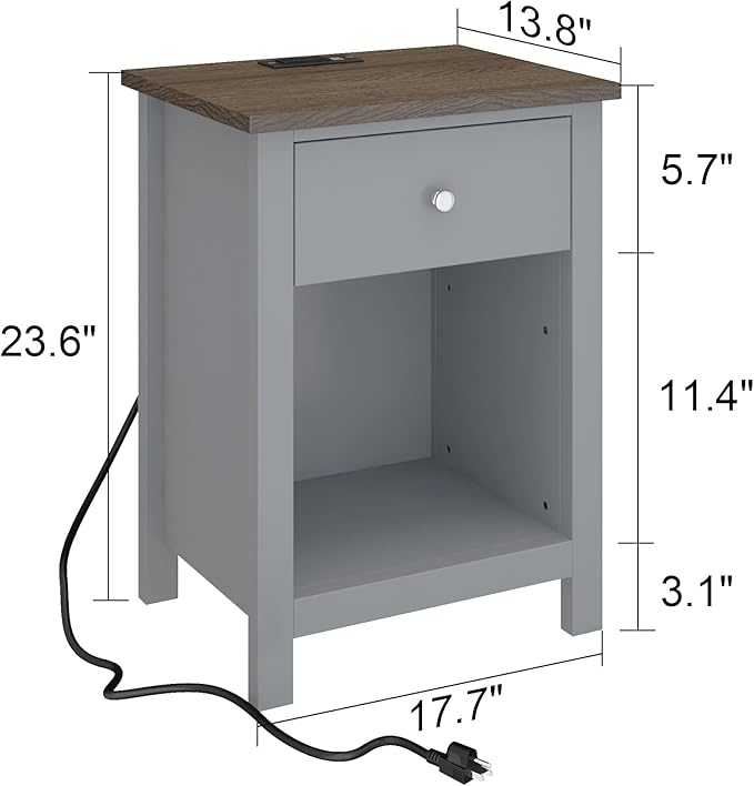 ChooChoo Nightstand with Charging Station, Wooden Top Bedside Table with Drawer and Storage Space for Bedroom, Grey - LeafyLoom