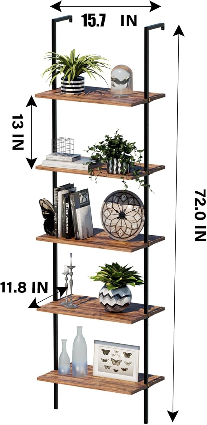 aboxoo Ladder Shelf 5 Tiers Metal Industrial Bookshelf, Rustic Brown Wood Tall Open Storage Rack and Display Shelves Plant Stand,Wall Mount Wide Book Case for Home Office Bedroom,Small - LeafyLoom