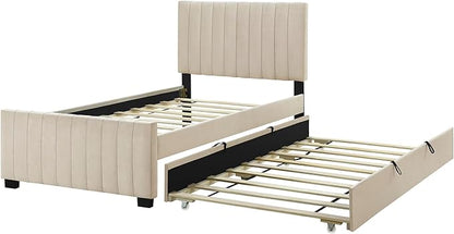 Twin Bed Frame with Trundle Bed,Velvet Upholstered Bed Frame,Twin Size Trundle Bed with Headboard,Upholstered Platform Bed Twin for Kids Teens Adults(Beige) - LeafyLoom