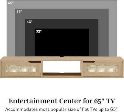 Walker Edison Modern Rattan Flip-Down-Door Wall-Mounted Floating Stand for TVs up to 65 Inche, 58 Inch, Coastal Oak - LeafyLoom