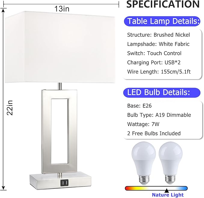 22'' Lamps for Bedrooms Set of 2, Touch Control Table Lamps with 2 USB Ports, 3-Way Dimmable Bedside Nightstand Lamps, Brushed Nickel &White Lamp for End Table Living Room Modern Contemporary - LeafyLoom