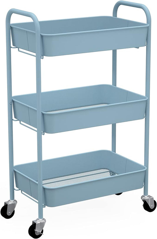 CAXXA 3-Tier Rolling Metal Storage Organizer - Mobile Utility Cart with Caster Wheels, Blue - LeafyLoom