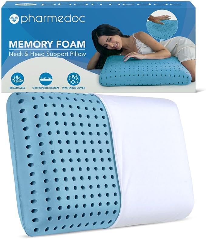 Pharmedoc Cooling Memory Foam Pillows, 1 Pack, Ventilated Cool Blue Bed Pillow, Reading and Bed Rest Pillows, Standard, Back Sleeper and Side Sleeper Support, Sleeping Pillows for Adults - LeafyLoom