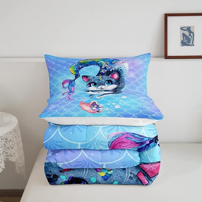 Rainbow Cartoon Cat Bed Sheet Set Colorful Mermaid Comforter Set for Kids Boys Girls Teens Room Decor Blue Mermaid Scales Bedding Set Set Ocean Gradient Style Bed Cover 2Pcs Twin Size - LeafyLoom