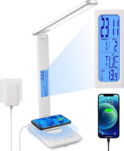 LED Desk Lamp, Desk Lamp with Wireless Charger, Suitable for Home, Office Dimmable Desk Lamp, with USB Charging Port, Built-in Clock, Calendar, Thermometer and Automatic Timing Reading Desk Lamp. - LeafyLoom