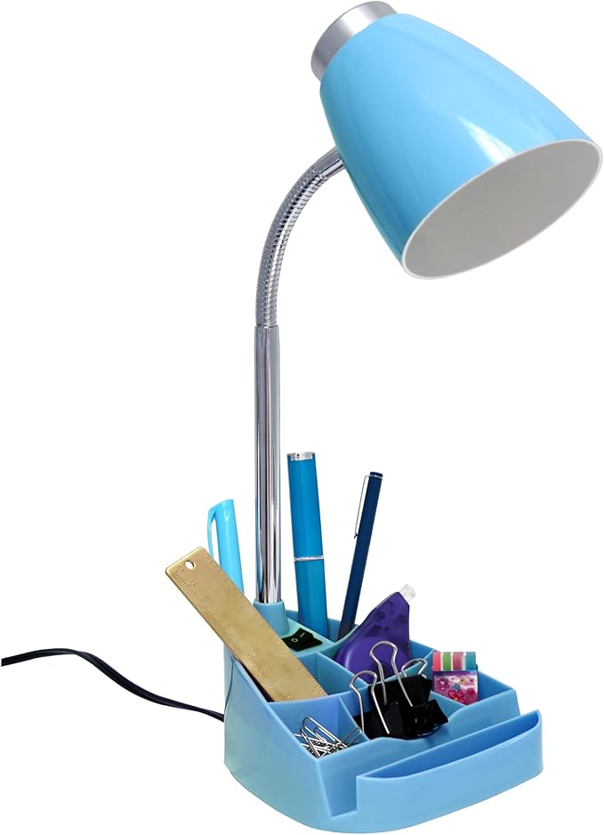 Simple Designs LD1067-BLU Compartmental Desk Lamp with iPhone/iPad/Tablet Stand, Bendable Gooseneck, for Office, Living Room, Nightstand, Library, Entryway, Blue - LeafyLoom