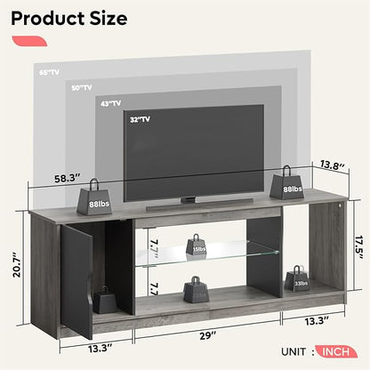 Bestier LED TV Stand for 55/60/65 Inch TV, Gaming Entertainment Center with Cabinet for PS5, Modern TV Cabinet with Adjustable Glass Shelves for Living Room, Bedroom 58 Inch, Grey Wash - LeafyLoom