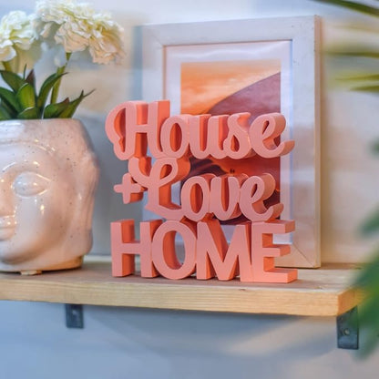 House + Love, Home - Peach Aesthetic Table Decor for Home or Office, Desk or Shelf. Quirky Room Decoration Showpiece, Ideal for Birthdays, Wall Decor, Engineered Wood. - LeafyLoom