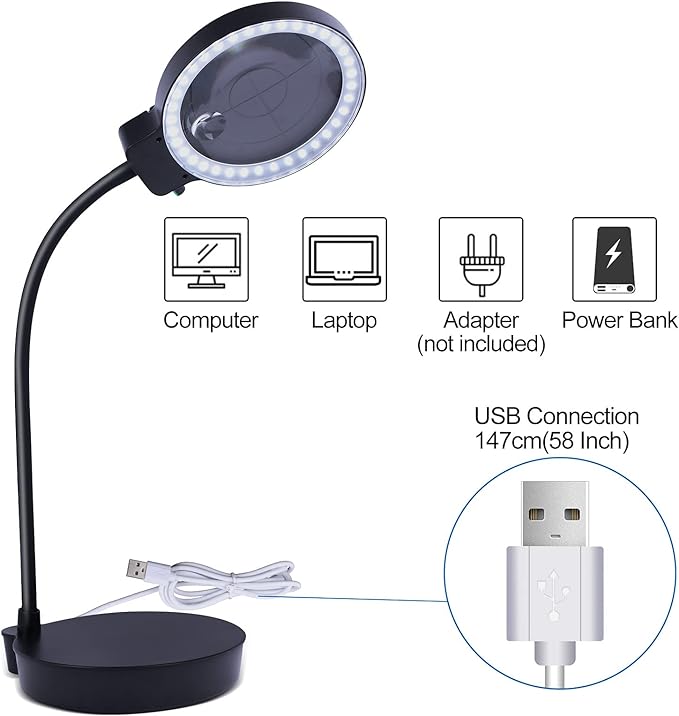 Magnifying Glass with Light and Stand, 10X 20X Magnifying Desk Lamp with Brightness Stepless Dimmable, Adjustable Gooseneck for Reading, Close Work, Hobbies - LeafyLoom