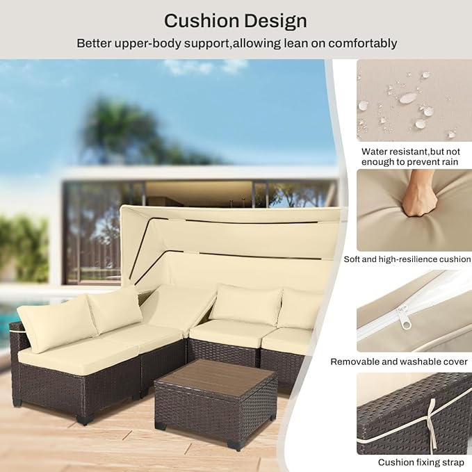 6 PCS Outdoor Patio Furniture Set,Sectional Sofa Set,Rattan Daybed with Retractable Canopy,Adjustable Backrest,Storage Coffee Table,Chaise Chair Sunbed for Porch Garden Poolside Backyard(Beige) - LeafyLoom