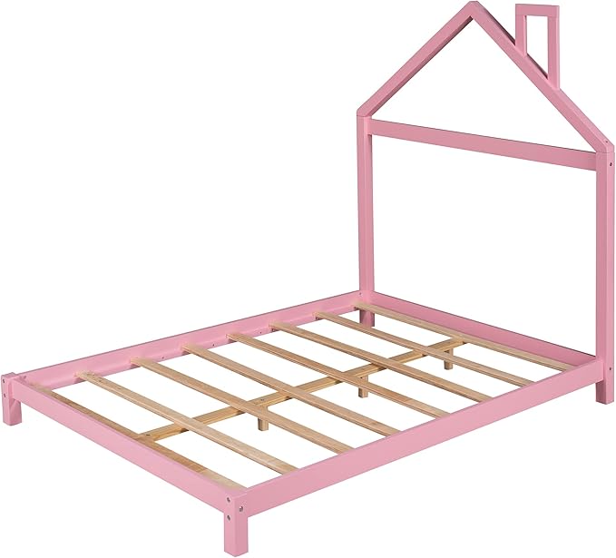 Jintop Full Size Wood Platform Chimney and House-Shaped Headboard,Bedroom Furniture Bed Frame W/ 10 Slat Support,Easy to Install,for Teens Kids Girls Boys,Pink - LeafyLoom