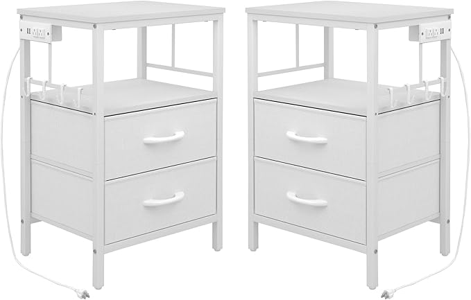 Nightstands set 2 for Bedroom Decor, Bedside Table with Charging Station, Night Stands with Fabric Drawers and Open Shelf, Side Table with USB Ports & Outlets(White,2) - LeafyLoom