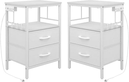 Nightstands set 2 for Bedroom Decor, Bedside Table with Charging Station, Night Stands with Fabric Drawers and Open Shelf, Side Table with USB Ports & Outlets(White,2) - LeafyLoom