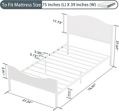 Timy Kids Twin Bed Frame with Wooden Headboard and Footboard, Metal Platform Bed Frame for Boys Girls Teens Adults, Modern Kids Bed Furniture, No Box Spring Needed, White - LeafyLoom