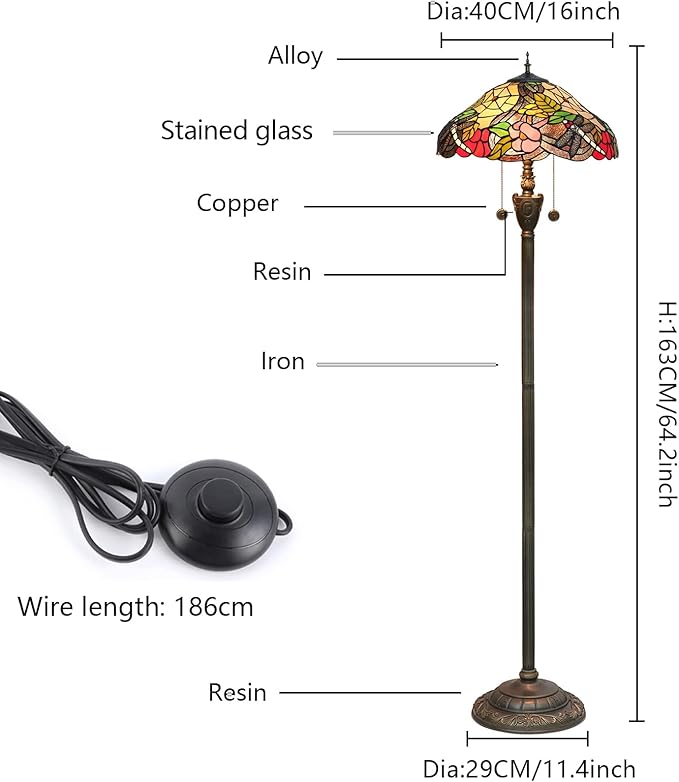 Tiffany Floor Lamp Dragonfly Style Spider Web Stained Glass for Living Room Bedroom Office Bright Lighting Rustic Corner Deco Standing Tall Vintage Unique Pull Chan Reading Aesthetic Lamps - LeafyLoom