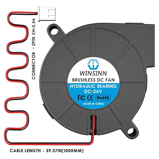 WINSINN 50mm 5015 Blower Fan 12V, 3D Printer 24 volt Fans Blower Turbine Turbo Dual Ball Bearing, 1000mm/39in cable Brushless Cooling 50mmx15mm 2PIN (Pack of 4Pcs) - LeafyLoom