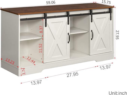 TV Stand with 2 Sliding Barn Doors, 59 Inch Television Stands with Adjustable Shelves for TVs Up to 65", Entertainment Center with Storage for Living Room, Distressed White - LeafyLoom