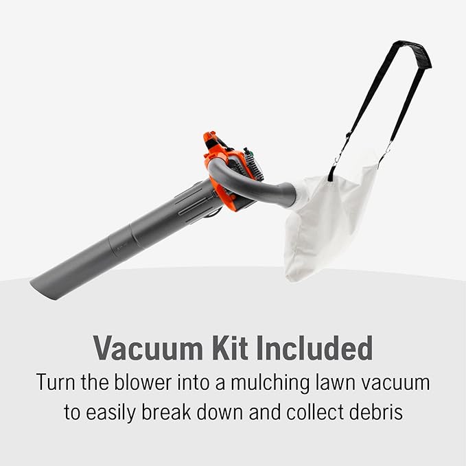 Husqvarna 125BVx Gas Leaf Blower, 28-cc 1.1-HP 2-Cycle Handheld Leaf Blower Vacuum Kit with Mulcher and Vac Bag, 470-CFM, 170-MPH, 12.5-N Powerful Clearing Performance and Ergonomic Design - LeafyLoom