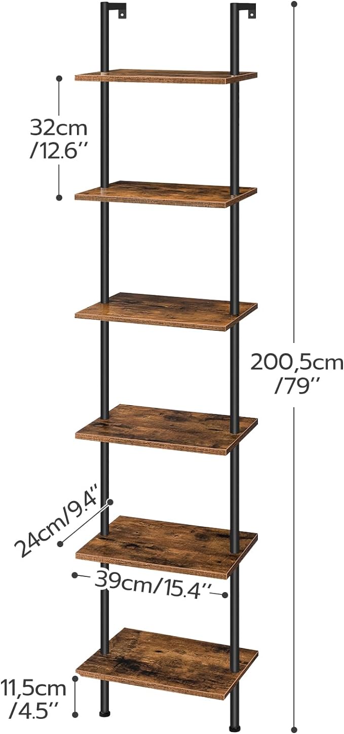 HOOBRO DIY Ladder Shelf, 6-Tier Wooden Wall Mounted Bookshelf, Narrow Bookcase, Display Shelf, Storage Rack, Plant Stand, for Living Room, Bedroom, Study, Balcony, Rustic Brown and Black BF651CJ01 - LeafyLoom