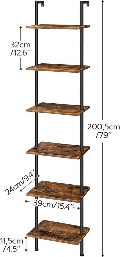 HOOBRO DIY Ladder Shelf, 6-Tier Wooden Wall Mounted Bookshelf, Narrow Bookcase, Display Shelf, Storage Rack, Plant Stand, for Living Room, Bedroom, Study, Balcony, Rustic Brown and Black BF651CJ01 - LeafyLoom