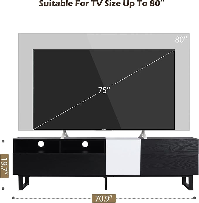 Inch Modern Stand with Double Storage, Drop Down Doors, Cable Management-Media Console Table, Entertainment Center for Living Room, Bedroom, Support 80" TV, Black - LeafyLoom