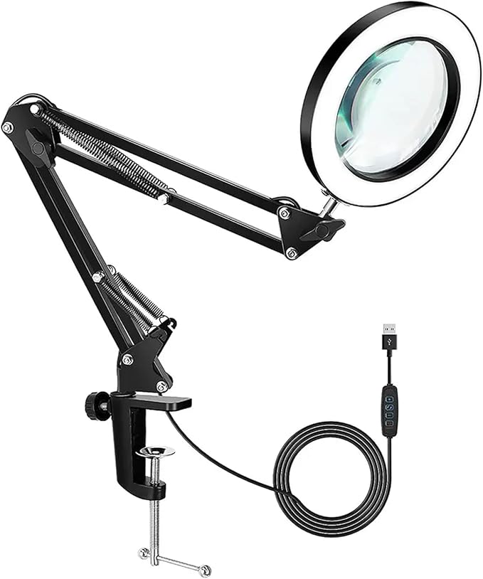 Desk Lamp with Magnifier and 3 Color Modes, 8X Magnification Table Lamp with Flexible Gooseneck and 3 Brightness Levels for Reading, Studying and Crafting - LeafyLoom