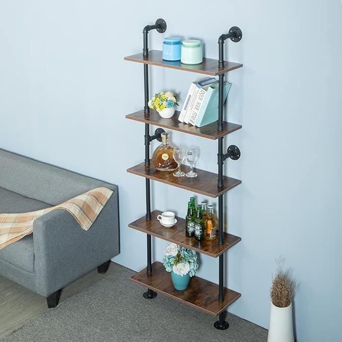 5 Shelf Industrial Pipe Shelving, Black Modern Bookcase Bookshelf, Wall Mount Ladder Shelf with Metal Frame Display Selves - LeafyLoom