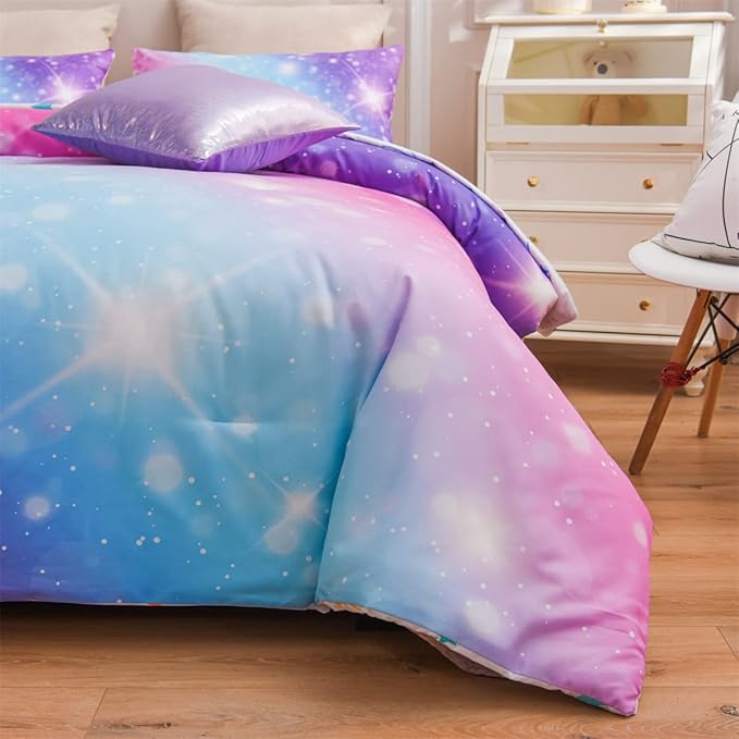 Holawakaka Girls Space Star Rainbow Glitter Comforter Set Ombre Galaxy Print Gradient Reversible Bedding Set Full Size Kids Bed Sets (Pink Lavender, Full) - LeafyLoom