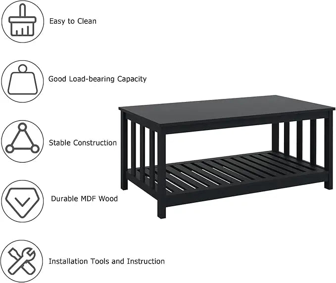 TaoHFE Black Coffee Tables for Living Room Modern Coffee Table Set 40 Inch 2-Tier Wooden Living Room Table Rectangular Center Table with Storage Shelf Furniture for Living Room, Meeting Room, Office - LeafyLoom