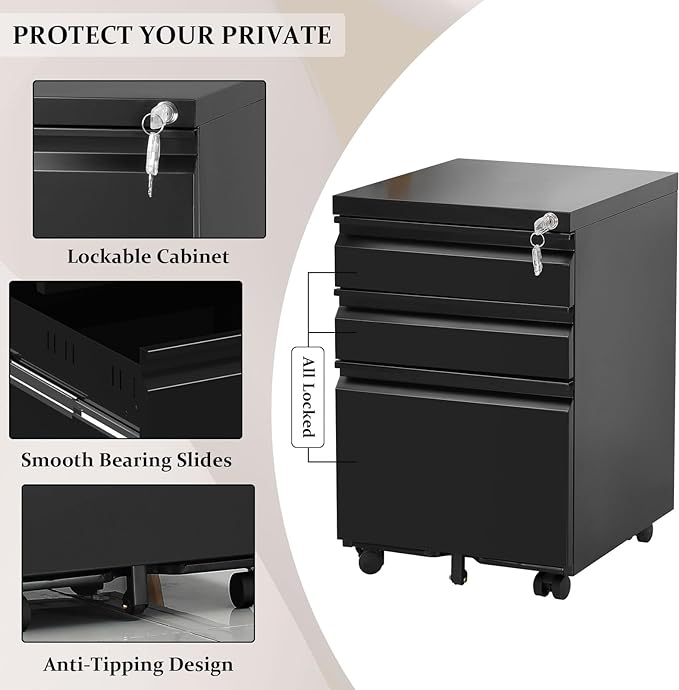 3-Drawer Mobile File Cabinets Rolling Metal Filing Cabinet for Legal & Letter File Anti-tilt Design with Lock Under Desk Office Drawers Fully Assembled Except Casters Black - LeafyLoom