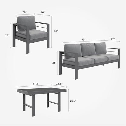 Solaste Aluminum Patio Furniture Set, 4 Pcs Modern Outdoor Conversation Set Couch Sofa with Upgrade Cushion and Dining Table,White - LeafyLoom