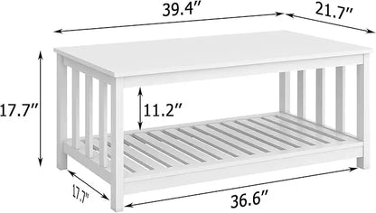 TaoHFE White Modern Coffee Table with Storage Shelf 2-Tier Living Room Table Rectangular Center Table 40 Inch Wooden Coffee Tables for Living Room Furniture for Living Room, Meeting Room, Office - LeafyLoom