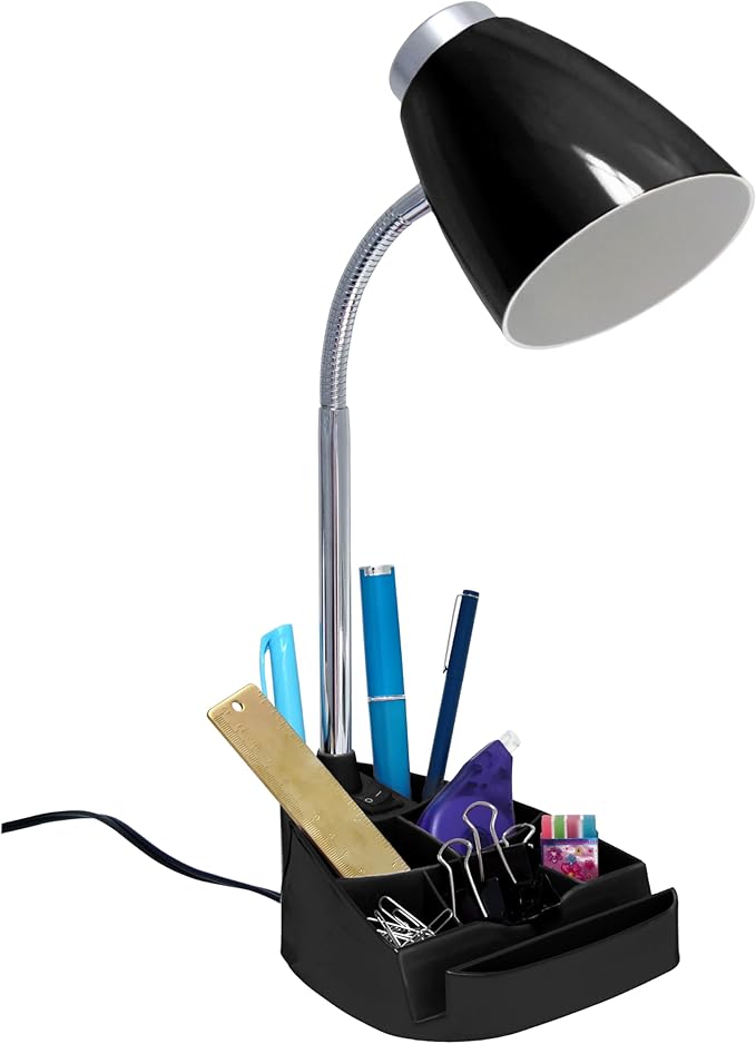 Simple Designs LD1067-BLK Compartmental Desk Lamp with iPhone/iPad/Tablet Stand, Bendable Gooseneck, for Office, Living Room, Nightstand, Library, Entryway, Black - LeafyLoom