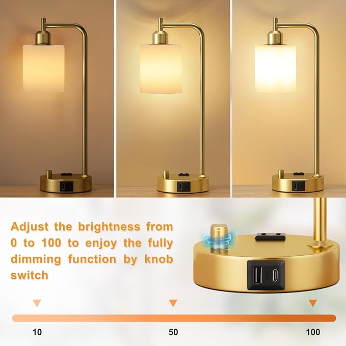 Innqoo Industrial Table Lamps for Bedroom Set of 2 - Fully Dimmable Bedside Lamps with USB Ports and Outlet, Gold Nightstand Lamps with Opal Glass Shade for Living Room, Desk Lamps for Office Reading - LeafyLoom