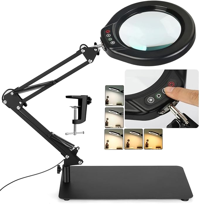 Veemagni 5 Inch Large Magnifying Glass with Light and Stand, 5 Color Modes Stepless Dimmable 10X Glass Lens, Hands Free 2-in-1 Desk Lamp & Clamp, LED Lighted Magnifier for Repair Crafts Close Work - LeafyLoom