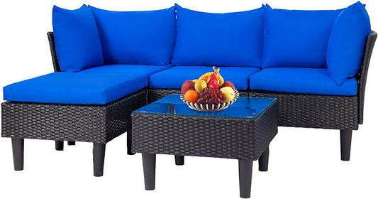 FDW 5 Pieces Patio Furniture Sets Outdoor Sectional Sofa Wicker Chair Rattan Conversation Set for Outdoor Backyard Porch Poolside Balcony Garden Furniture with Coffee Table,Blue Cushion - LeafyLoom