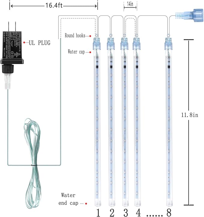 Kwaiffeo Icicle Christmas Lights Outdoor, Meteor Shower Lights 12 inch 8 Tube Cascading Lights for Xmas Tree Decor Wedding Party, Christmas Outdoor Decorations, UL Plug Multi Colored Kwaiffeo