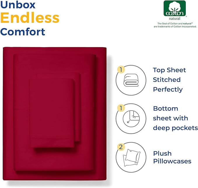 THREAD SPREAD 100% Egyptian Cotton Sheets California King Size - 600 Thread Count 4 PC Luxury Sheets Cal King Size, Soft, Cooling Hotel Luxury Bed Sheets & Pillowcases, Fits Mattress upto 18" - Red - LeafyLoom