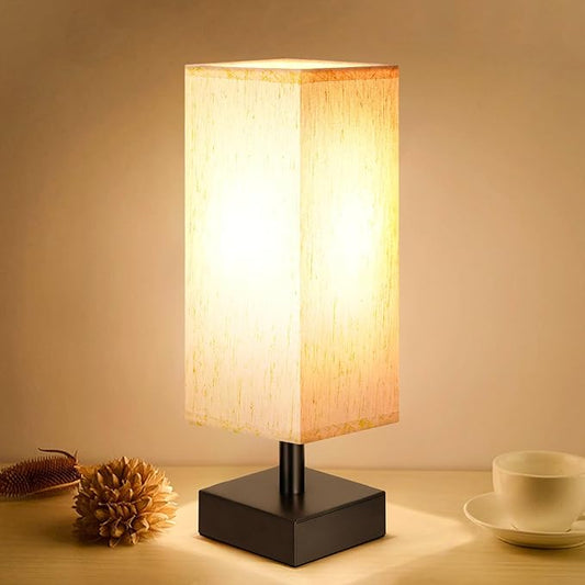 Small Table Lamp for Bedroom - Bedside Lamps for Nightstand, Minimalist Night Stand Light Lamp with Square Fabric Shade, Desk Reading Lamp for Kids Room Living Room Office Dorm - LeafyLoom