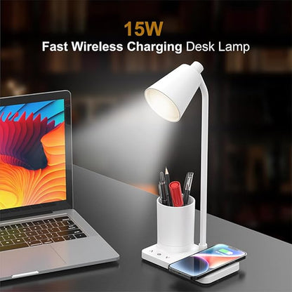 Desk Lamps for Home Office, LED Desk Lamp with Wireless Charger, 15W Fast Charging, Table Lamp with Pen Holder, 4 Brightness Levels, Eye-Caring (with AC Adapter) - LeafyLoom